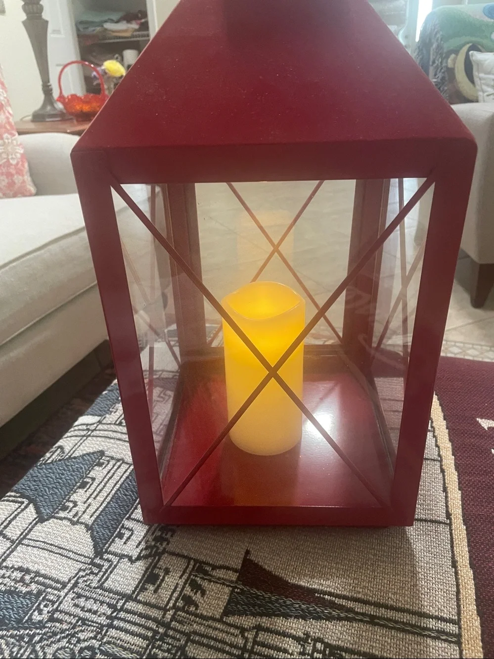 Red Decorative Metal Lantern with LED Candle